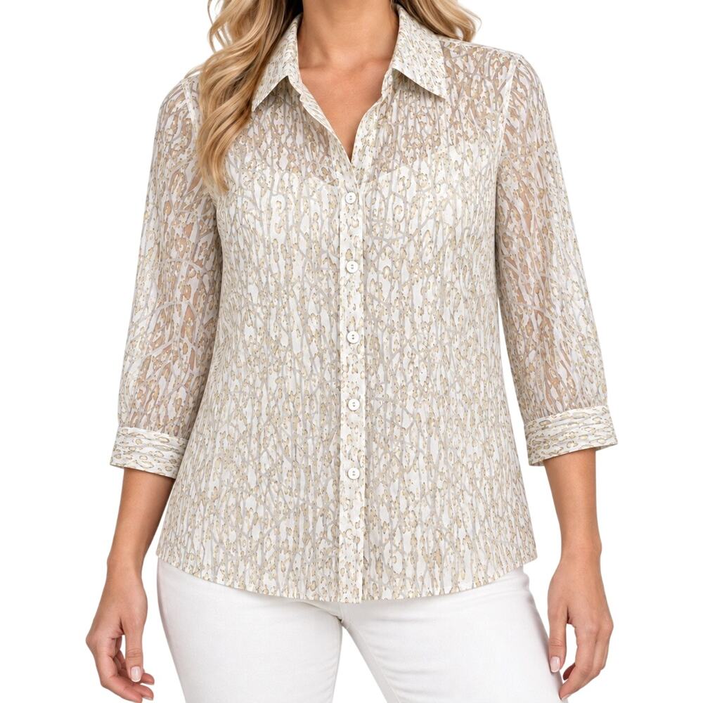 NEW NWT Coldwater Creek Sz XS 4-6 White Yellow Sheer Blouse Shirt Top
